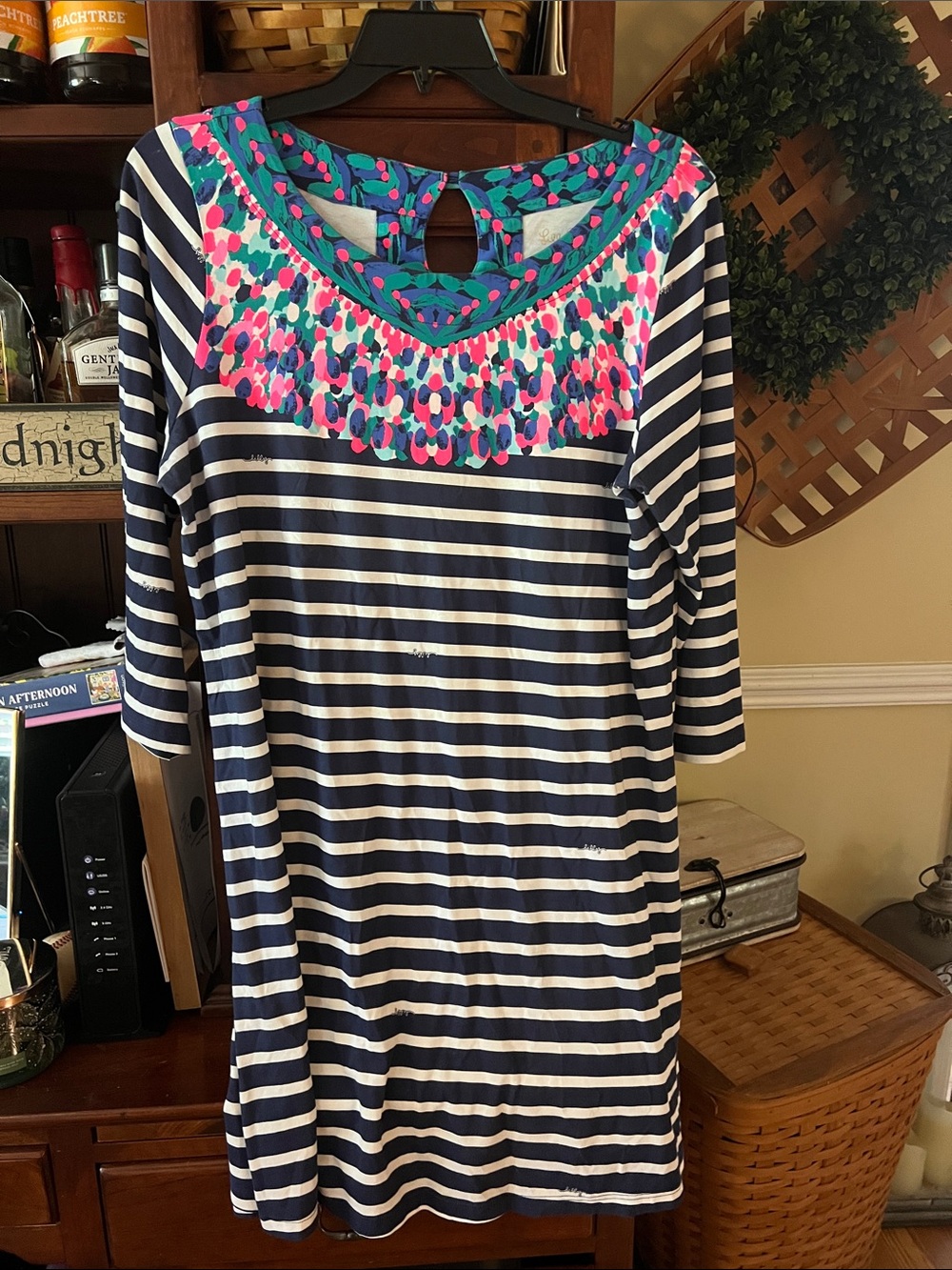 Lilly Pulitzer Navy & White Striped Midi Dress with Pink & Teal Floral Yoke